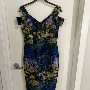 Maggy London Blue and Green Off-Shoulder Midi Dress